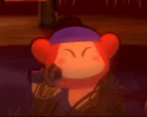 A Cartoon Character Is Wearing A Purple Hat And Scarf And Holding A Microphone . GIF