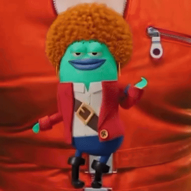 A Cartoon Character Is Wearing A Red Jacket And Holding A Green Object GIF