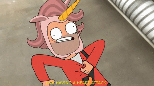 A Cartoon Character Is Wearing A Unicorn Mask And Says He Is Having A Hear Attack GIF