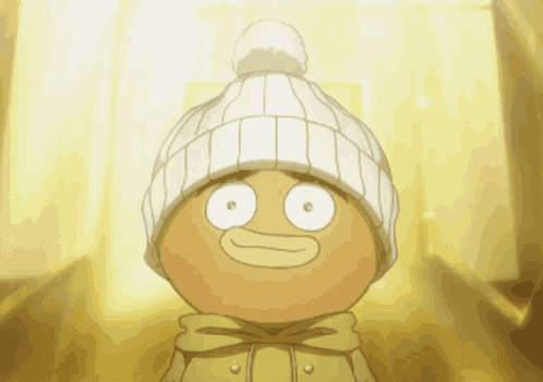 a cartoon character is wearing a white beanie and a yellow jacket