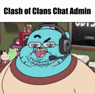 a cartoon character is wearing headphones and a microphone and says clash of clans chat admin