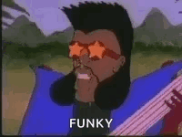 A Cartoon Character Is Wearing Sunglasses And Holding A Guitar And Says Funky . GIF
