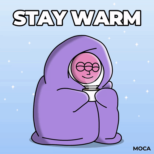 A Cartoon Character Is Wrapped In A Purple Blanket And Holding A Cup Of Hot Chocolate GIF