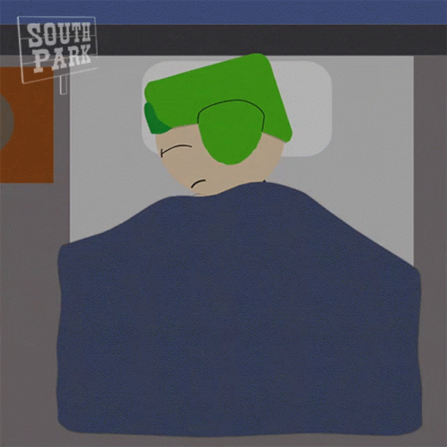 A Cartoon Character Laying In Bed With A Sign That Says South Park GIF