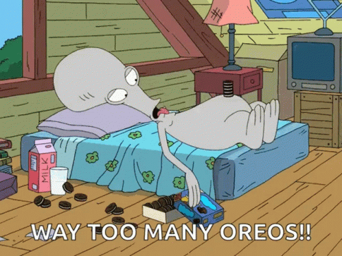 a cartoon character laying on a bed with the words way too many oreos written below him