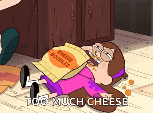 A Cartoon Character Laying On The Floor With A Bag Of Cheese Noodles GIF