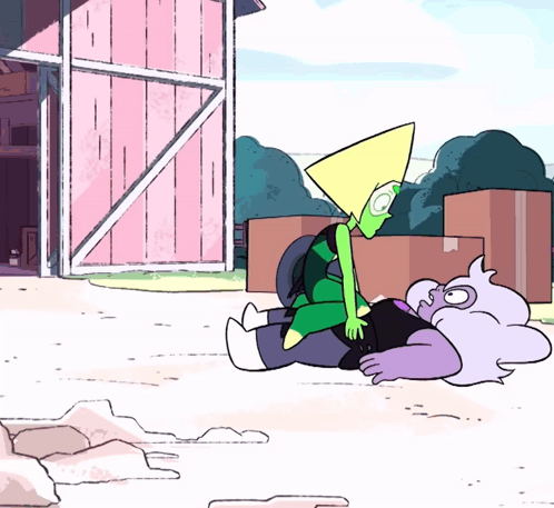 A Cartoon Character Laying On The Ground With A Pink Building Behind Them GIF