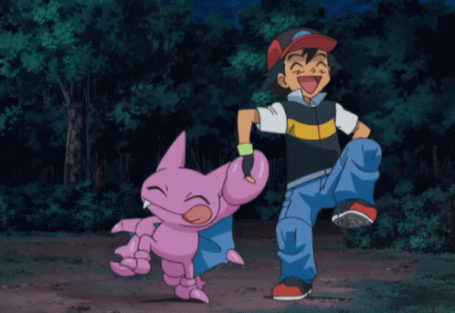 A Cartoon Character Named Ash Is Holding A Pink Monster GIF