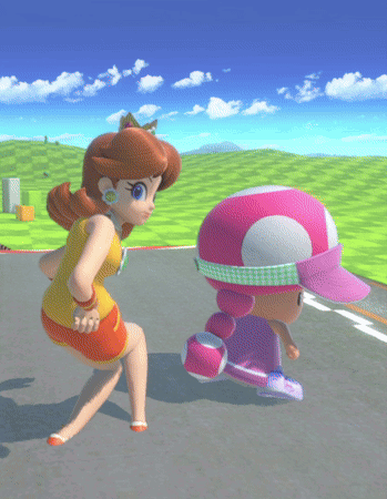 A Cartoon Character Named Daisy And A Cartoon Character Named Toad Are Running Down A Road GIF