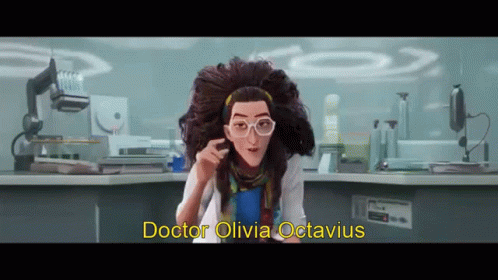 A Cartoon Character Named Doctor Olivia Octavius Is Standing In A Laboratory . GIF