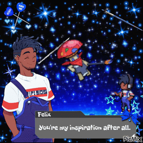 a cartoon character named felix says " you 're my inspiration after all " in front of a starry sky