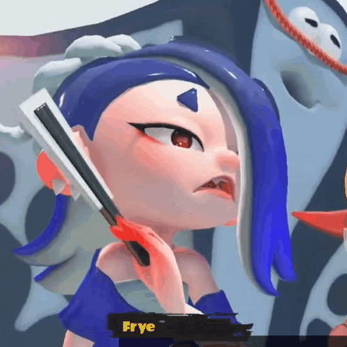 A Cartoon Character Named Frye Holds A Fan In Her Hand GIF
