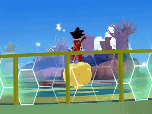 A Cartoon Character Named Goku Is Standing On A Cloud In Front Of A Fence GIF
