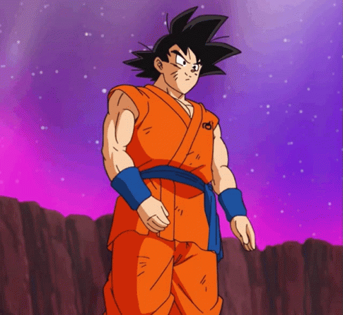 A Cartoon Character Named Goku Stands In Front Of A Purple Background GIF