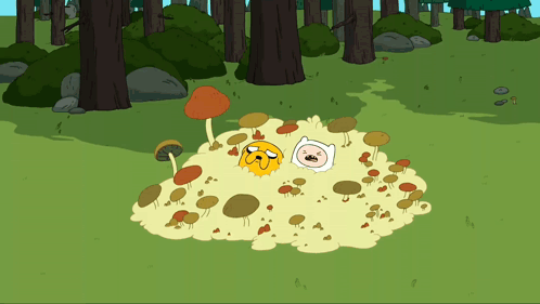 A Cartoon Character Named Jake And Finn Are Laying In A Pile Of Mushrooms GIF