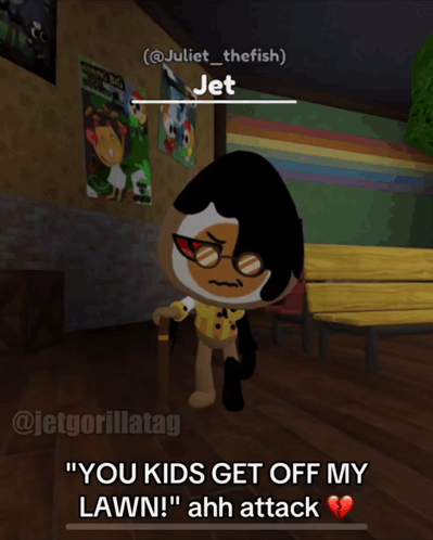 A Cartoon Character Named Jet Is Standing In A Room With Posters On The Wall GIF