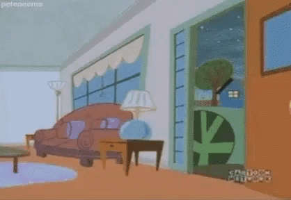 A Cartoon Character Named Johnny Bravo Is Standing In A Living Room With A Couch . GIF