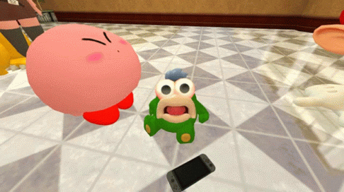 A Cartoon Character Named Kirby Is Standing Next To A Green Frog On A Checkered Floor GIF