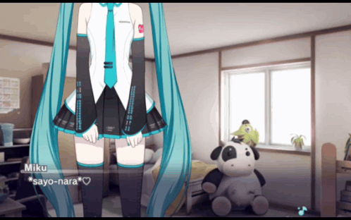 A Cartoon Character Named Miku Is Standing In A Bedroom GIF