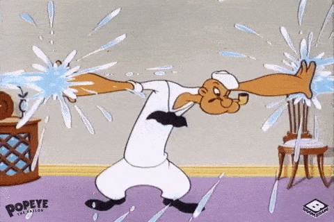 A Cartoon Character Named Popeye Is Standing In A Room With Water Splashing On Him GIF