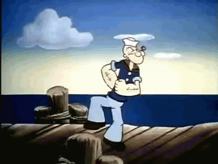 A Cartoon Character Named Popeye Is Standing On A Dock . GIF