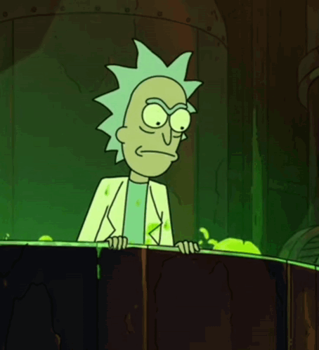 A Cartoon Character Named Rick From Rick And Morty Is Standing Next To A Green Wall GIF