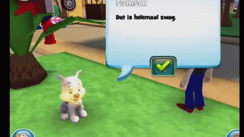 a cartoon character named samson is talking to a small white dog