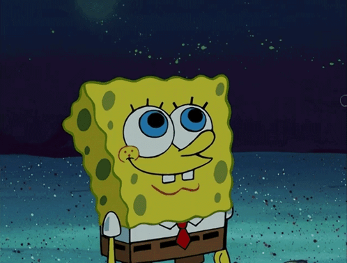 A Cartoon Character Named Spongebob Has Blue Eyes And A Red Tie GIF
