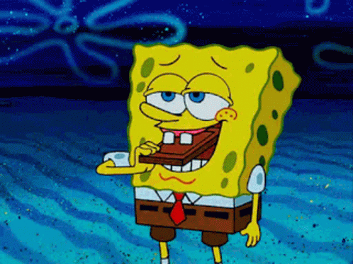 A Cartoon Character Named Spongebob Is Eating A Piece Of Chocolate GIF