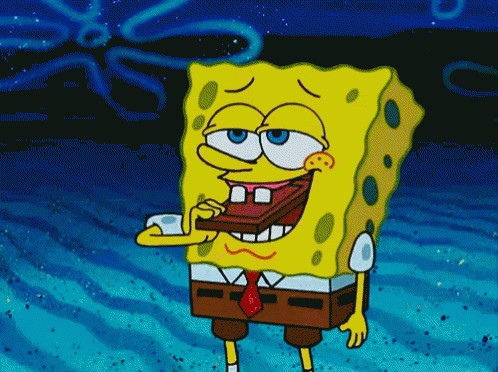 A Cartoon Character Named Spongebob Is Eating A Piece Of Chocolate GIF