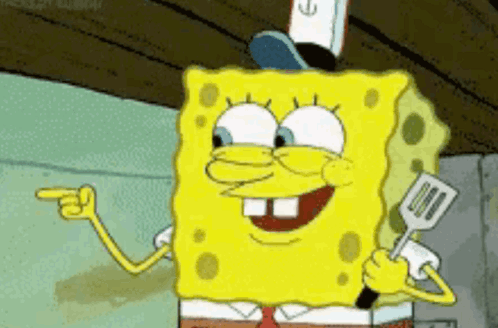 A Cartoon Character Named Spongebob Is Holding A Spatula And Pointing At Something . GIF