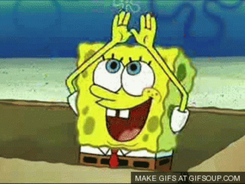 A Cartoon Character Named Spongebob Is Making A Peace Sign With His Hands . GIF