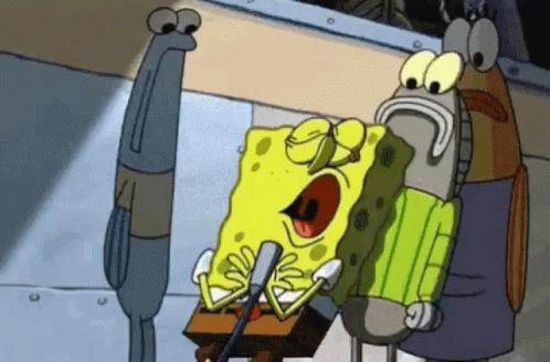 A Cartoon Character Named Spongebob Is Singing Into A Microphone While Another Character Looks On . GIF
