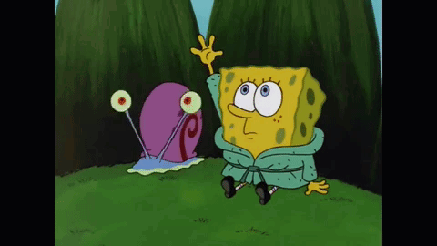 A Cartoon Character Named Spongebob Is Sitting Next To A Purple Snail GIF
