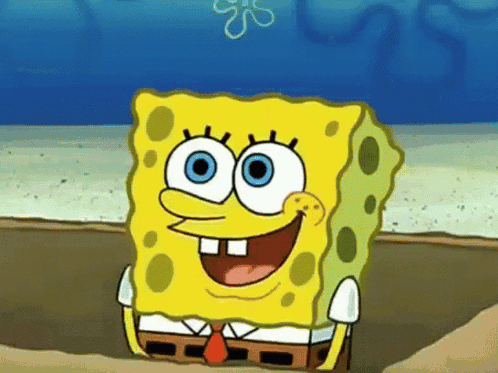 A Cartoon Character Named Spongebob Is Smiling With Blue Eyes GIF