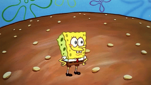 A Cartoon Character Named Spongebob Is Standing In A Field Of Dirt GIF