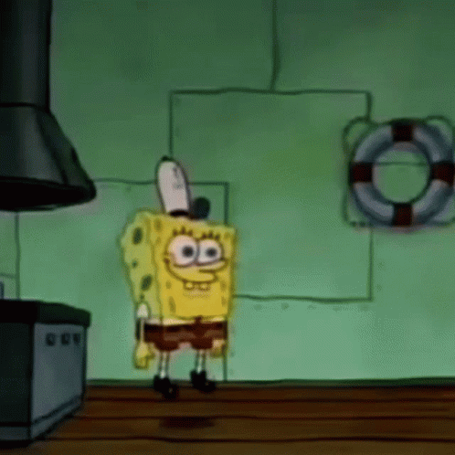 A Cartoon Character Named Spongebob Is Standing In Front Of A Life Preserver GIF