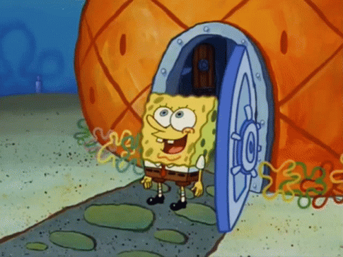 A Cartoon Character Named Spongebob Is Standing In Front Of A Pineapple Under The Sea GIF