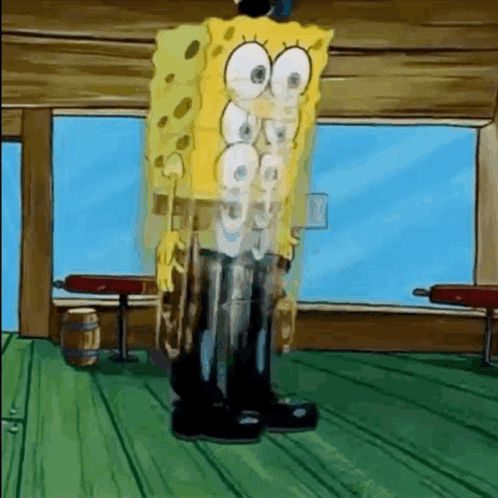 A Cartoon Character Named Spongebob Is Standing On A Wooden Floor GIF