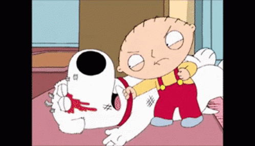 A Cartoon Character Named Stewie Is Holding A Dog That Is Laying On The Floor GIF