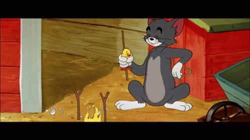 a cartoon character named tom is holding a stick with a chicken on it