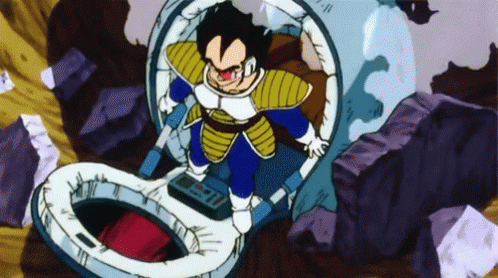 A Cartoon Character Named Vegeta Is Sitting In A Capsule With His Mouth Open GIF