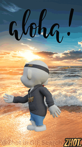A Cartoon Character On A Beach With The Words Aloha Written On It GIF