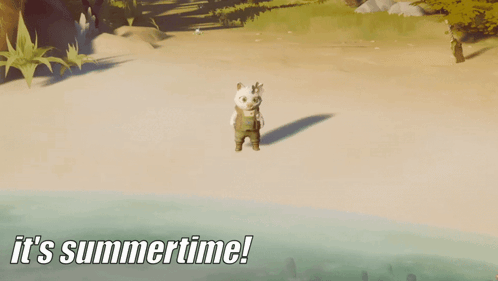 A Cartoon Character On A Beach With The Words It 'S Summertime On The Bottom GIF