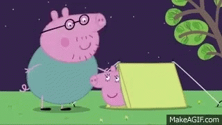 A Cartoon Character , Peppa Pig , Is Standing Next To A Yellow Tent . GIF