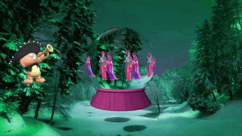 A Cartoon Character Playing A Trumpet In Front Of A Snow Globe With Angels Inside GIF