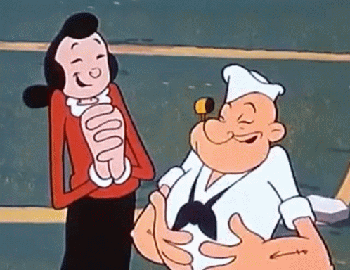 A Cartoon Character , Popeye , And A Woman Are Standing Next To Each Other . GIF