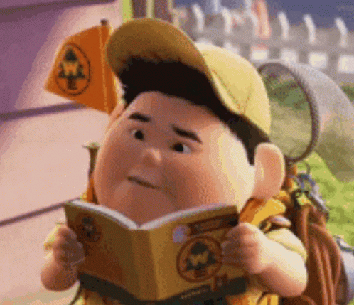 A Cartoon Character Reading A Book With A Scout Badge On It GIF