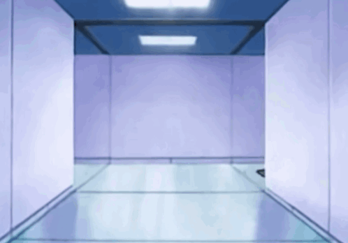 A Cartoon Character Running Through A Hallway With A Light On The Ceiling GIF