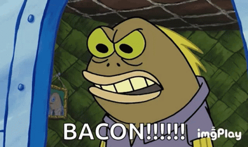 A Cartoon Character Says Bacon While Looking Out Of A Doorway GIF